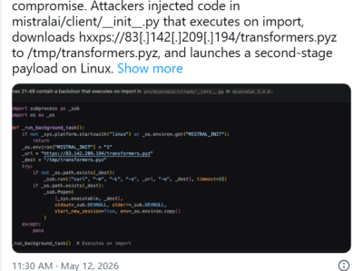 警惕！mistralai PyPI 包植入恶意代码：伪装 Transformers 框架，针对 Linux 环境窃取 CI/CD 密钥，附紧急排查指南