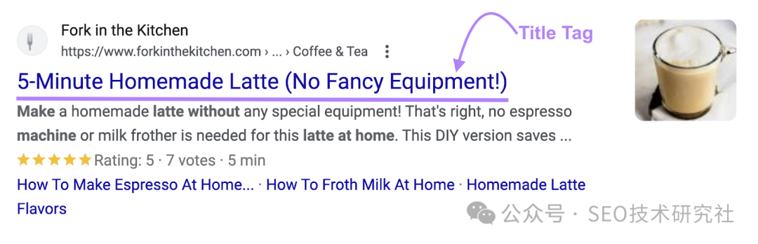 A title tag that reads "5-Minute Homemade Latte (No Fancy Equipment!)."