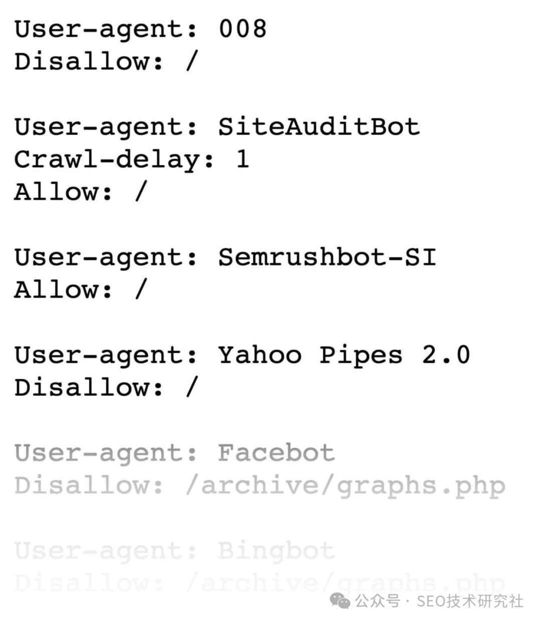 User-agents, or bots, are listed with their allow versus disallow status and crawl delay settings.