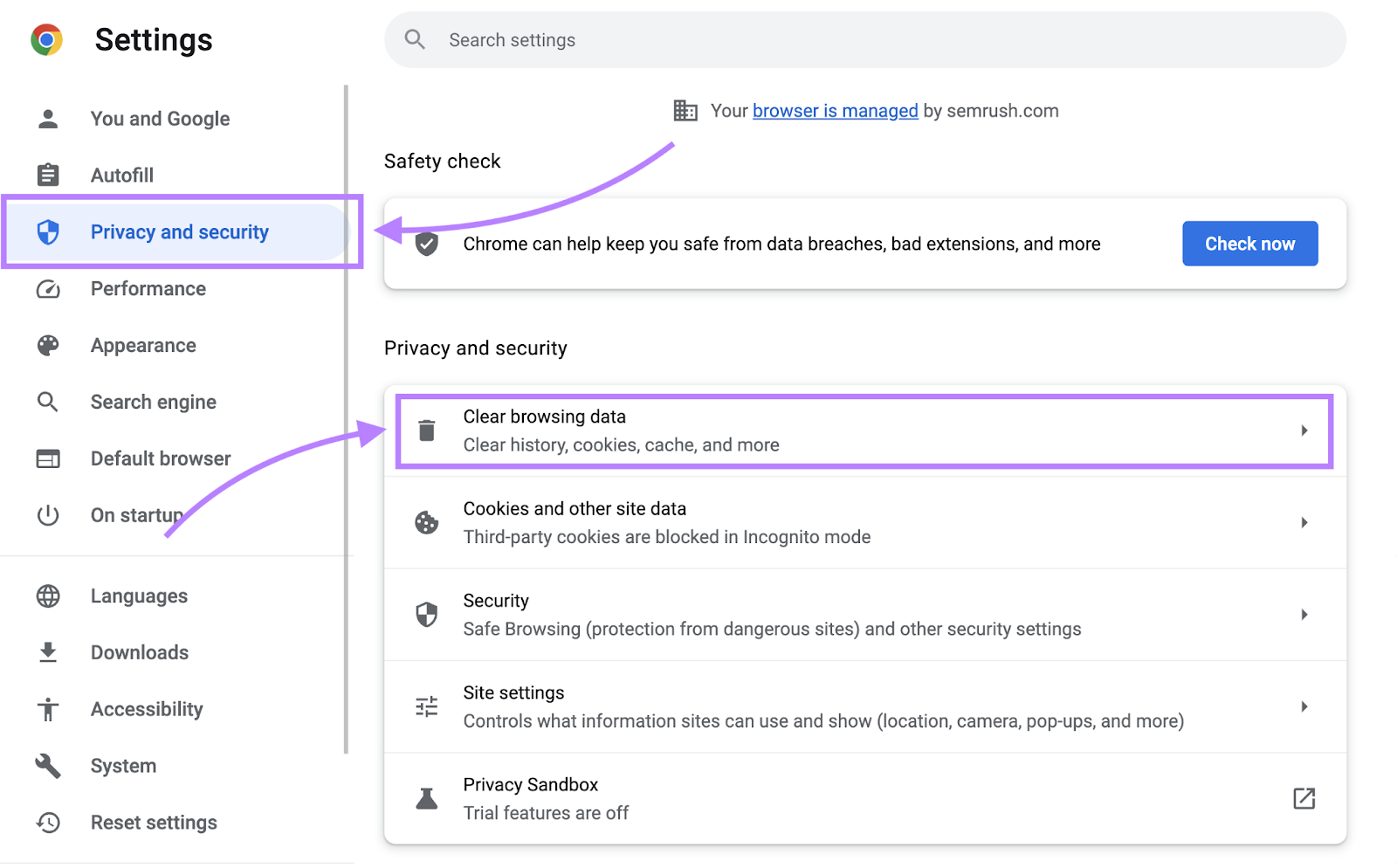 设置中的“清除浏览数据”