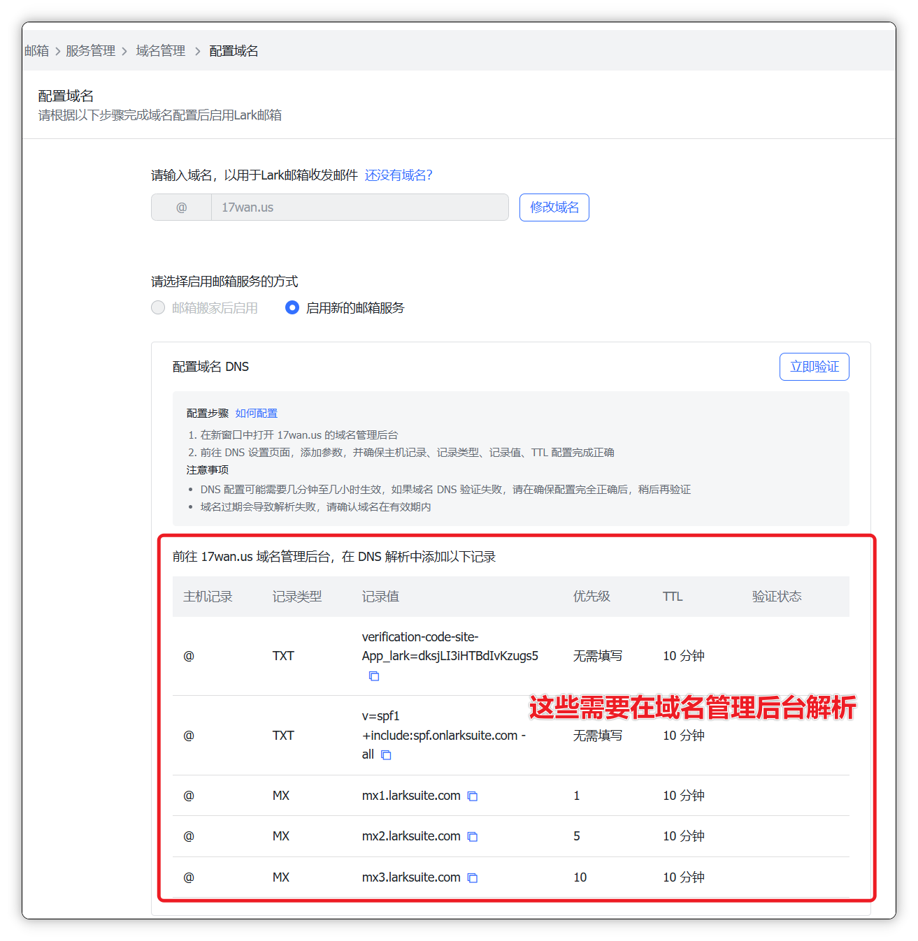 需添加的DNS解析记录列表