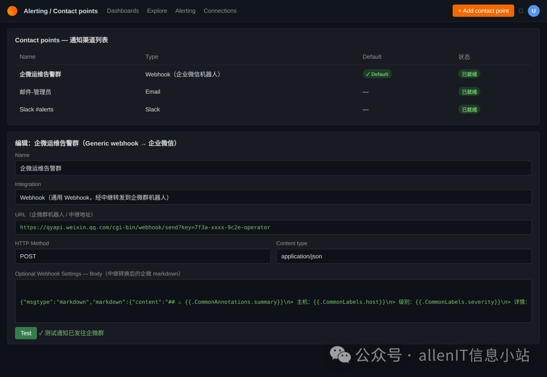 Grafana 通知渠道配置
